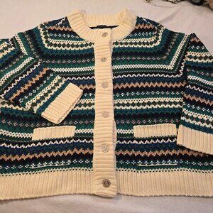 Talbots Plus Cardigan 3X 3XL Sweater Button Down Gold Metallic Green Blue Cream